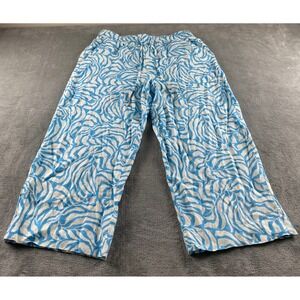 Tahari 100% Linen Wide Leg Pants XL Blue White Abstract Zebra Print Drawstring
